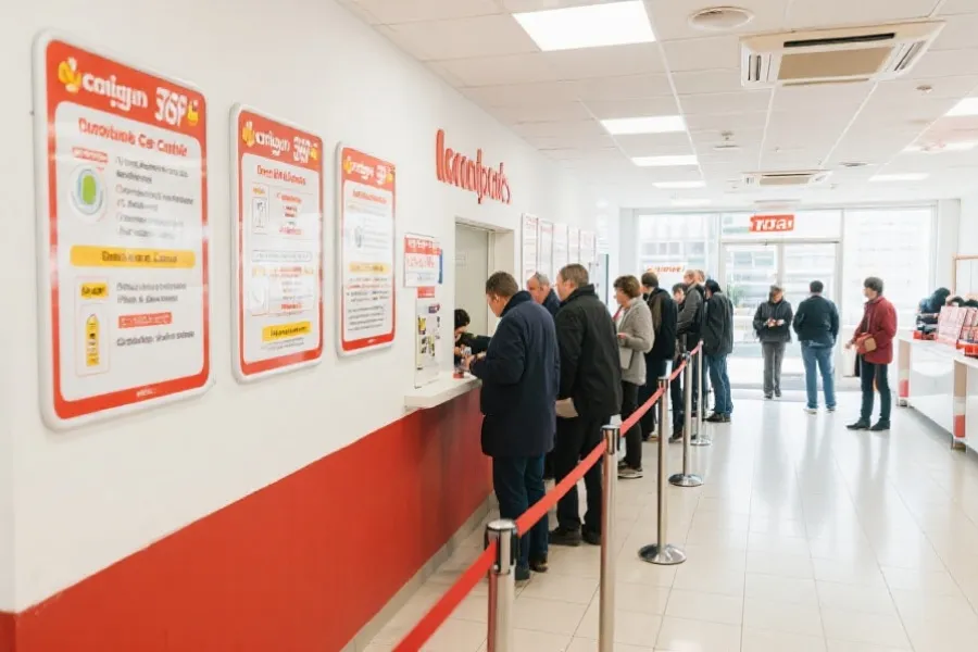 服务大厅内，兑奖者有序排队，墙上展示兑奖流程图